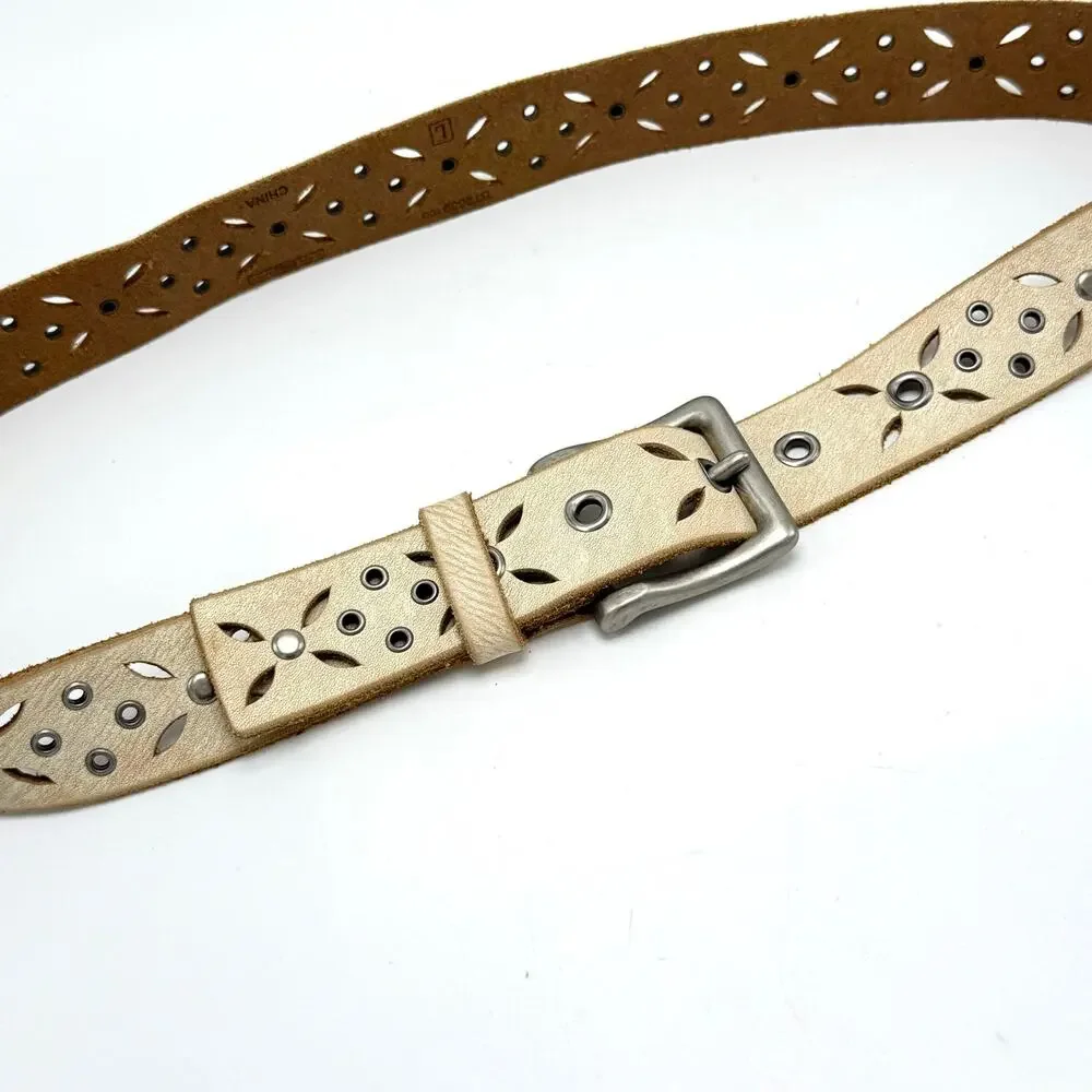 Fossil Boho Belt L 38 Studded Cream Leather Pinwheel Cut Outs Western Hippie Y2K